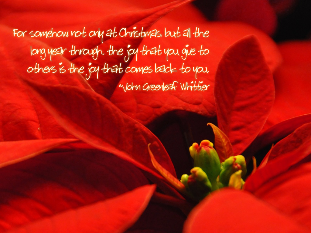 For somehow, not only at Christmas, but all the long year through, the joy that you give to others is the joy that comes back to you. ~John Greenleaf Whittier.